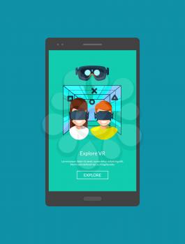 Vector mobile phone screen template with flat style virtual reality elements illustration