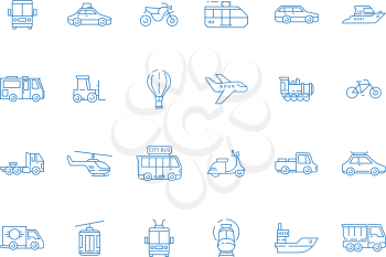 Urban vehicle icons. City transport planes boat cars boats truck vector thin line pictures set. Illustration of transport vehicle and public auto