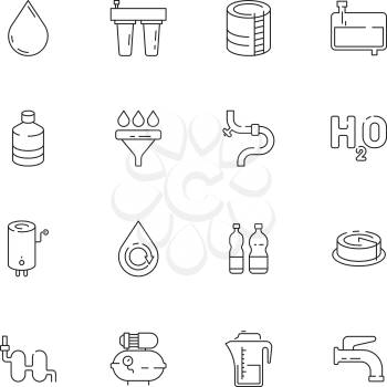 Clean water icon. Fresh drink dispenser machine purity relations eco barrel vector thin line symbols. Filtration system for purity water illustration