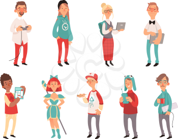 Young nerds. Smart teen geeks boys and girls teenagers technology lovers vector characters. Illustration of nerd and geek, girl teen and boy