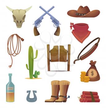 Wild west icon. Cowboys country western symbols saloon boots rodeo lasso vector cartoon collection. Illutsration of wild west, gun and hat, horseshoe and lasso