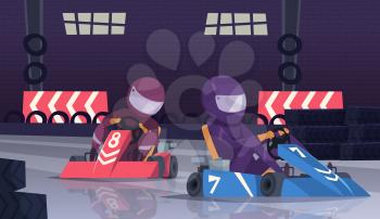 Karting sport competition. Racers in helmet in fast cars on speed track vector cartoon background. Illustration of championship competition, sport track route for speed go-kart
