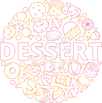 Dessert background. Baking delicious food in circle shape cakes sweets candy jelly ice cream biscuits vector design template. Ice cream and sweets, cookies and cake illustration