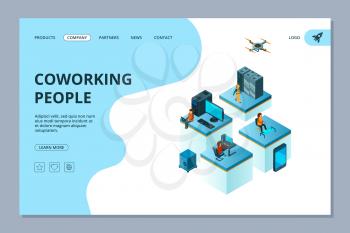 Coworking landing. Web page design template business people team building managers meeting and brainstorming vector isometric. Illustration of co-working company, business team office