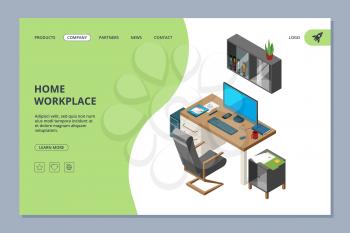 Freelance landing. Coworking space for artists and programmers professionals work vector web page design template. Illustration of office programmer, computer at workplace freelance