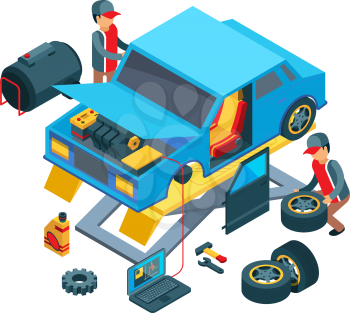 Change car wheels. Technicians working in auto service mechanical work fixing car details vector picture. Auto mechanic, repair car and technician service illustration