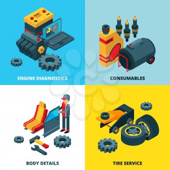 Car parts collection. Engine automobile wheels accumulator transmission gears vector isometric pictures. Repair auto, automobile service illustration