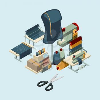 Textile industry. Sewing manufactory tools concept of embroidery production vector composition. Illustration of manufactory equipment isometric, machine production and tailoring