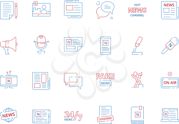 Colored news icons. Paper magazine newspaper online articles media announce source vector symbols. Illustration of newspaper publish, publication fake correspondence, outline icon