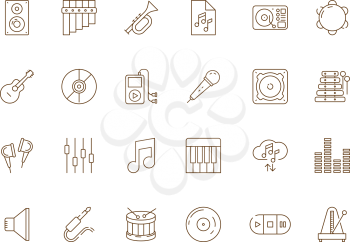 Music icon. Musical audio dj studio equipment guitar piano microphone vector thin line pictures. Illustration of studio device, piano and microphone, guitar and equipment