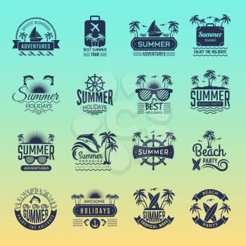 Summer travel logos. Retro tropical vacation badges and symbols palm tree drinks beach tour on island vector pictures collection. Illustration of summer tropical journey badge