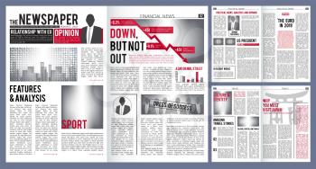 Newspaper template. Print design layout of newspaper cover headline and finance articles with place for text vector. Article press, information news, daily page illustration