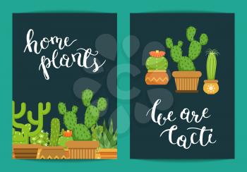 Vector card template with lettering Home Plants and cacti in pots isolated on blue background illustration