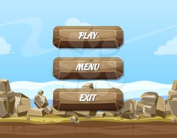 Vector cartoon style stone buttons with text for game design on rocks and sky background. Template menu design for app game illustration