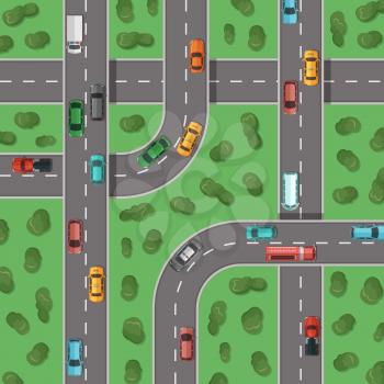 Vector top view highways with cars and with trees in between top view illustration. Highway road traffic transport, top view crossroad outdoor