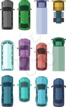 Different roofs of automobiles in the city. Top view cars. Vector illustrations in flat style. Top view automobile, auto vehicle transport, model of urban machine