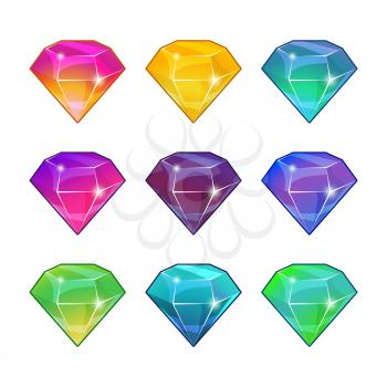 Brilliant diamonds in different colors. Vector cartoon set for game design. Set of gemstone design illustration