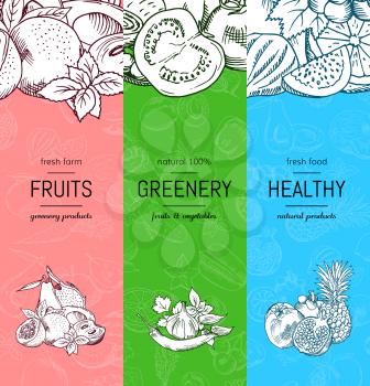 Vector vegan, healthy, organic banner set with doodle sketched fruits and vegetables. Organic vegetarian food banner in doodle sketch style illustration