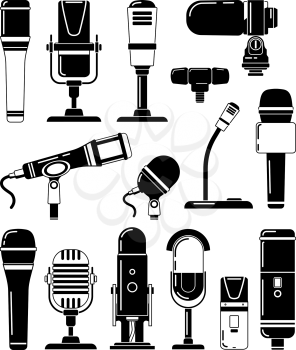 Vector monochrome illustrations of microphones and other professional tools for reporters. Microphone for studio or karaoke, mic and broadcasting