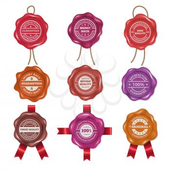 Wax stamps with different promo labels. Vector pictures set certificate and guarantee, money back and satisfaction illustration