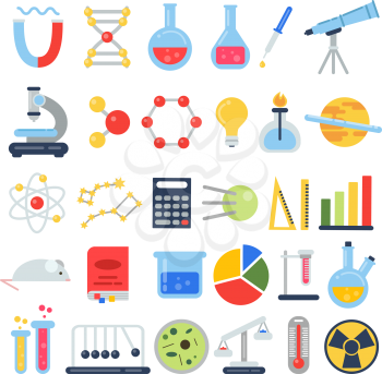 Scientific icon set. Science lab with different equipment. Vector pictures in flat style. Science and research education, equipment microscope illustration