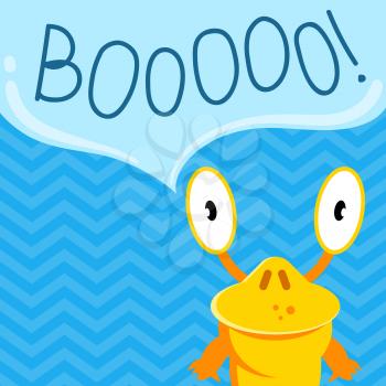 Vector cute cartoon screaming monster with speech bubble on zig zag background. Cartoon monster speech bubble with word boo illustration