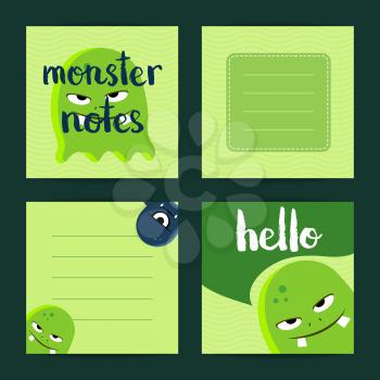 Vector square note cards set with cartoon monsters, Green card with monsters illustration