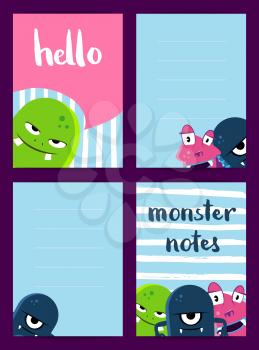 Vector vertical note cards set with cute monsters on brush stripes background. Colored banner illustration