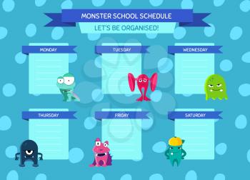 Vector school schedule with ribbons, cartoon monsters on circles background. Template chart school illustration
