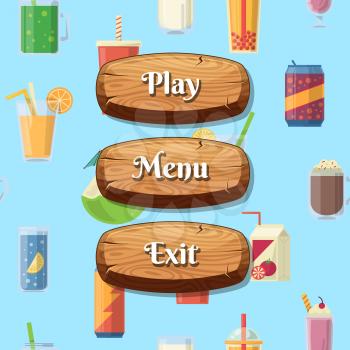 Vector cartoon style wooden buttons with text for game design on cake pieces background. Vector illustration