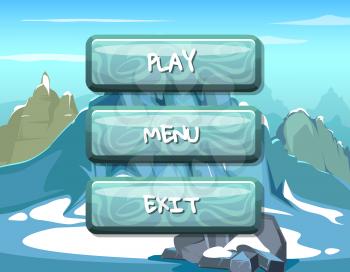 Vector cartoon style wavy buttons with text for game design on mountain background illustration