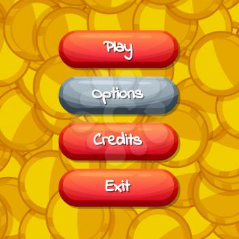 Vector cartoon style enabled and disabled buttons with text for game design on golden coins background illustration