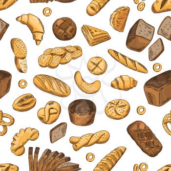 Bun, bagel, baguette and other bakery foods. Vector seamless pattern in retro style. Wheat bread seamless pattern background illustration