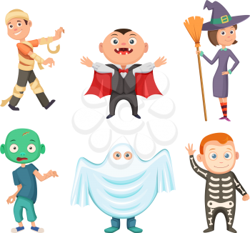 Halloween costumes for kids. Zombie, vampire, witch and funny ghost. Set of costume for halloween party, vector illustration