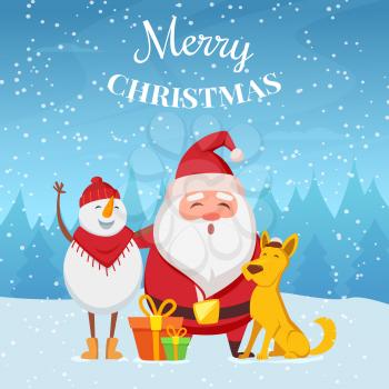 Christmas background with funny characters. Santa, snowman and yellow dog. Christmas cartoon winter characters. Vector illustration