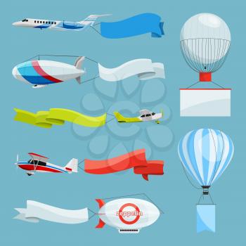 Zeppelins and airplanes with empty banners for advertising messages. Vector illustrations airplane and zeppelin with advertising with place for your text