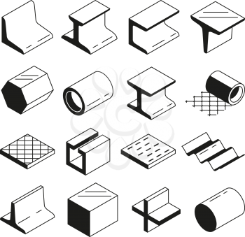 Icons set in monochrome. Metallurgy production. Vector pictures of steel isolate on white. Steel construction production, material metal tube and profile illustration