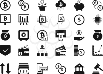 Coins, bitcoin, digital money and other symbols of finance. Vector silhouette set of business icons. Illustration of bitcoin currency, money cryptocurrency virtual