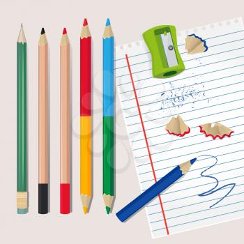 Sharpener and wood debris from the pencils. Vector illustrations for school or office. Sharpener and colored pencil