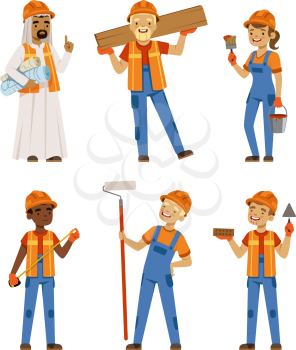 Male and female workers in uniform. Engineers and builders on the work. Vector characters set isolate. Worker engineer character, professiona contractor illustration