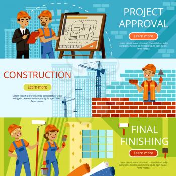 Concept pictures of construction steps. Project of building. Different worker equipment. Engineers and builders. Construction and architecture, building professional, occupation. Vector illustration