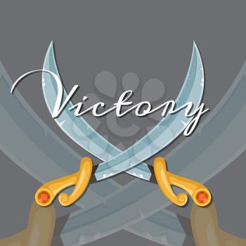 Vector fantasy cartoon style game design medieval crossed sabers looking up elements with lettering illustration