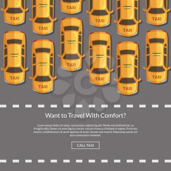 Vector taxi cars on the road in front of pedestrian zone website concept illustration