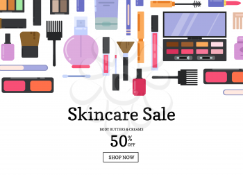Vector flat style different makeup and skincare sale background banner poster illustration