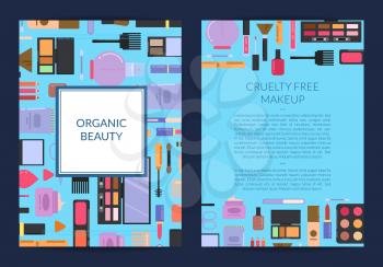 Vector card, flyer, brochure template for beauty brand,presentation with flat style makeup and skincare background illustration