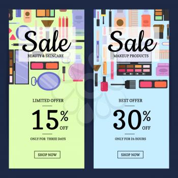 Vector sale banners for beauty shop with makeup and skincare in flat style backgrounds illustration