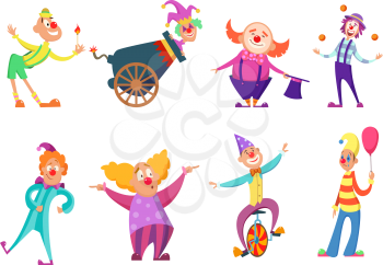 Circus characters. Funny clowns in action poses. Circus clown in costume, vector character comedian illustration
