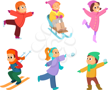 Happy childrens playing in winter games. Cartoon funny characters. Winter game boy and girl play with snow. Vector illustration