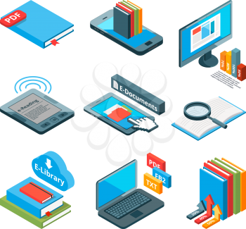 Isometric icons of electronic books and other gadgets for reading. Vector electronic book tablet, ebook and e-reader illustration
