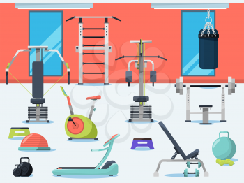 Illustration of gym interior with different sport equipment. Vector sport gym with equipment